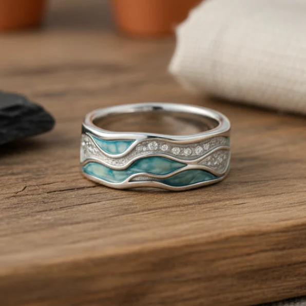 Chloe | Turquoise Silvered Waves Ring - Image 2