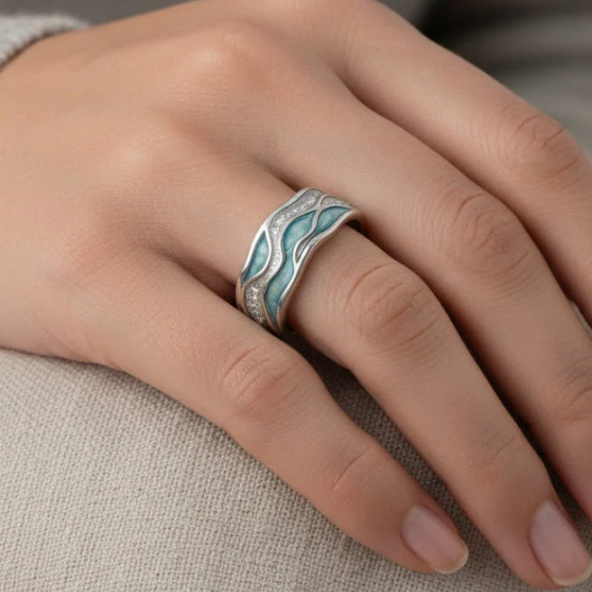 Chloe | Turquoise Silvered Waves Ring - Image 3