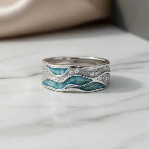 Chloe | Turquoise Silvered Waves Ring - Image 4