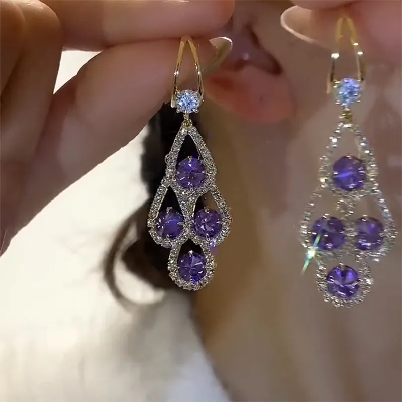 Purple Crystal Drop Earrings - Image 2